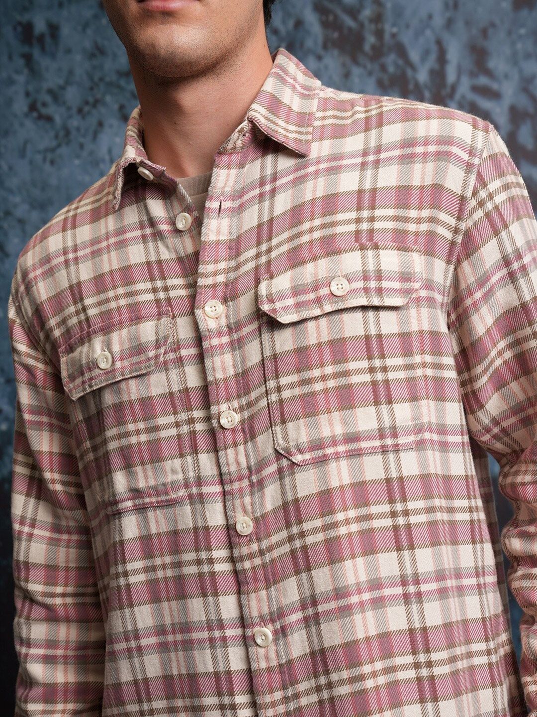Locomotive Men Pink Dobby Textured Checked Utility Pocket Overshirt