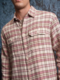 Locomotive Men Pink Dobby Textured Checked Utility Pocket Overshirt
