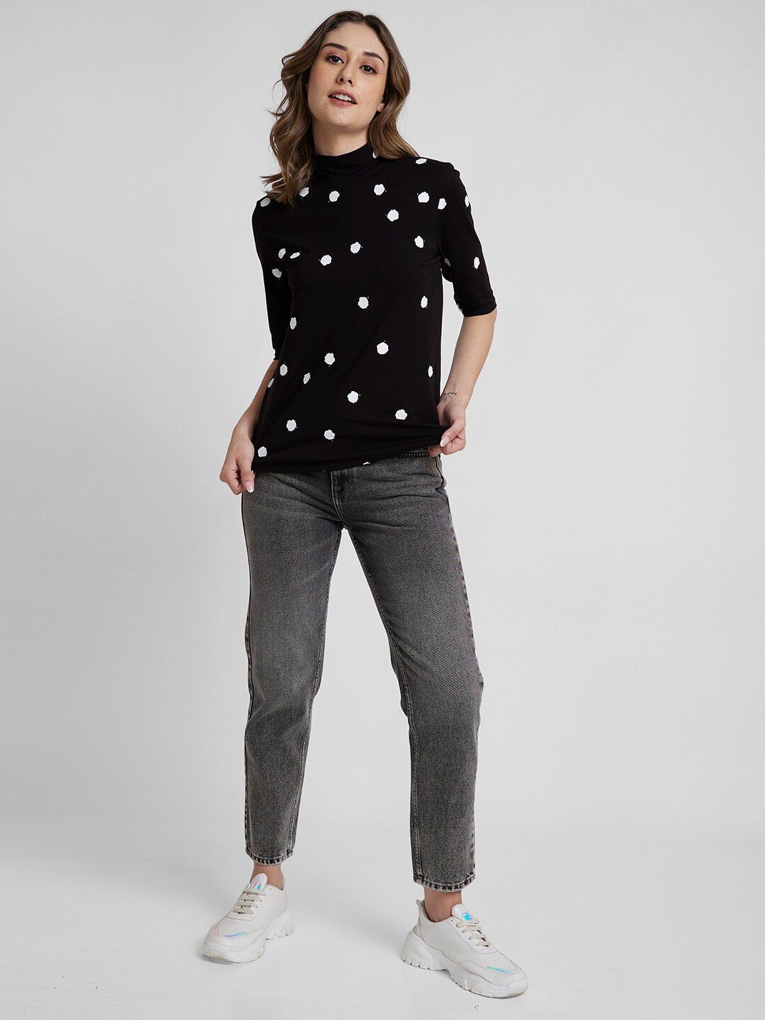 SPYKAR Polka Dots Printed High Neck Cotton Top