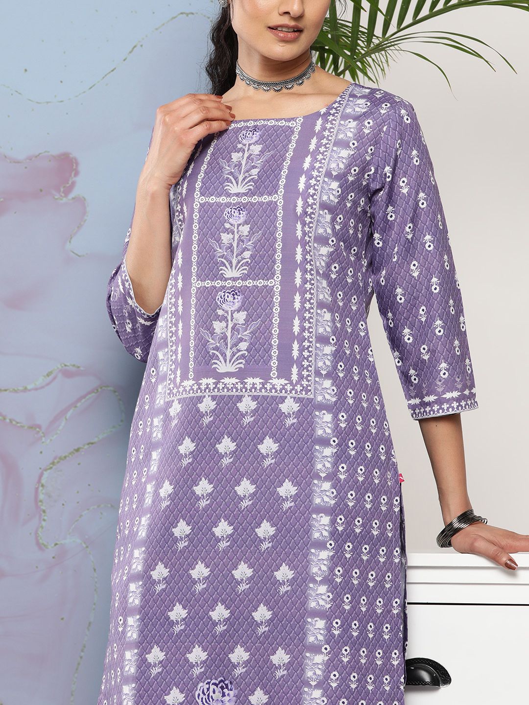 Varanga Women Lavender Ethnic Motifs Printed Kurta with Trousers