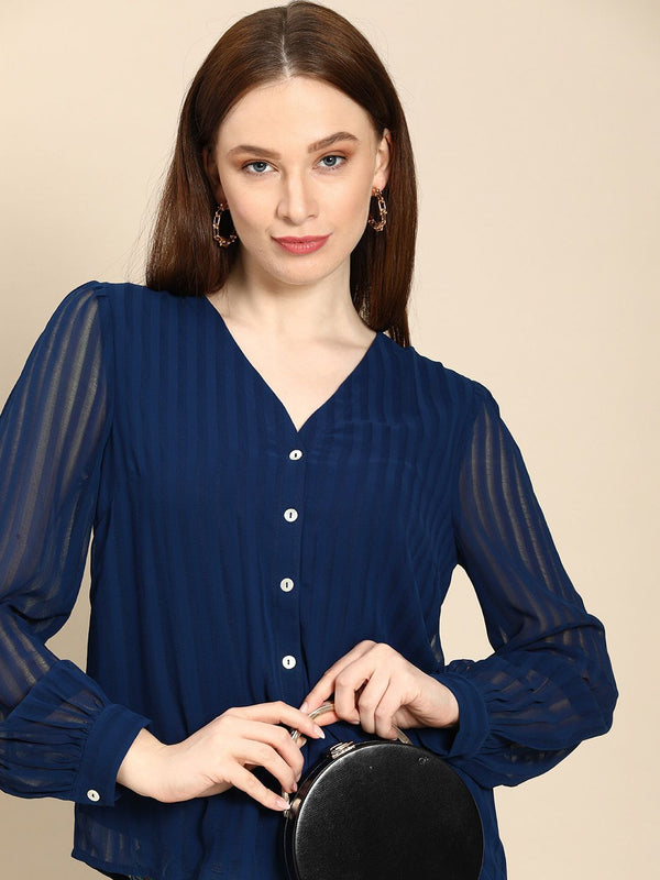 all about you Women Navy Blue Self Design Stripes V-Neck Casual Shirt