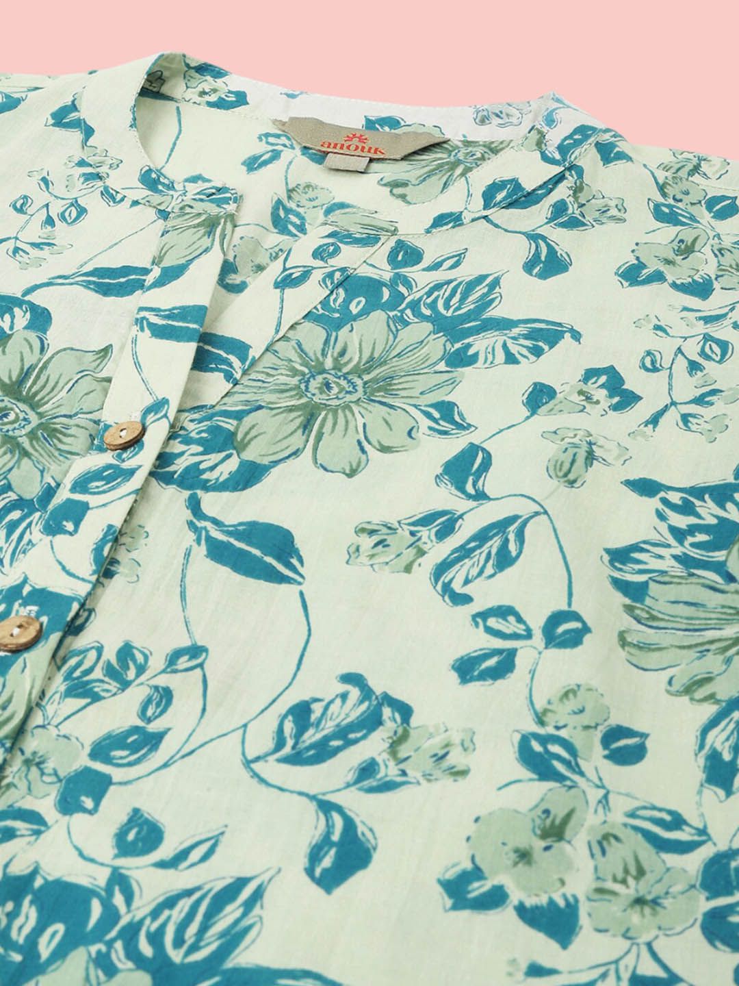 Anouk Blue Floral Printed Mandarin Collar Pure Cotton Top
