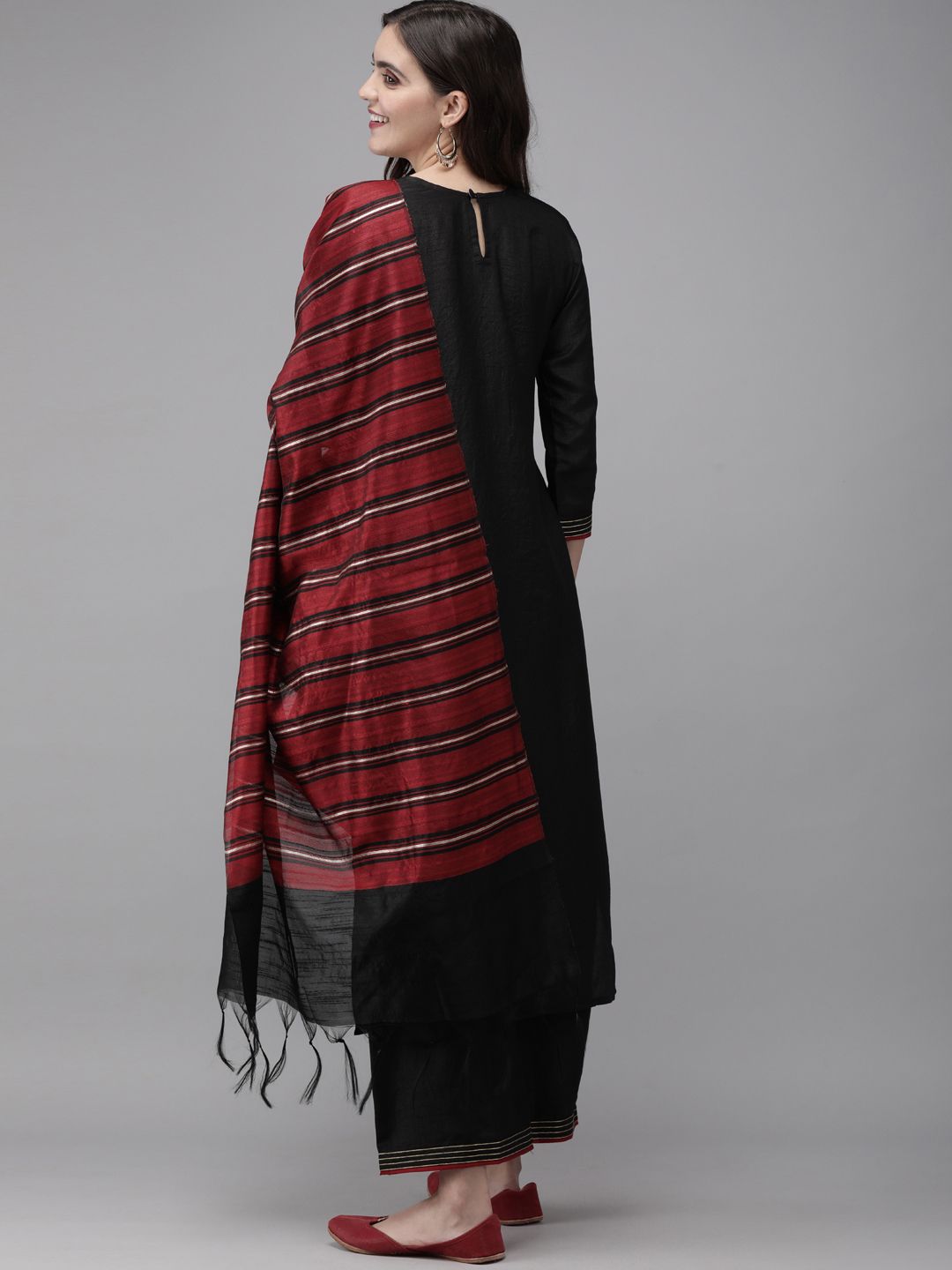 Indo Era Women Black & Maroon Yoke Design Kurta with Palazzos & Dupatta