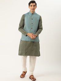 SOJANYA Kurta Tenun Jacquard Lelaki Hijau & Putih Putih dengan Jaket Churidar & Nehru