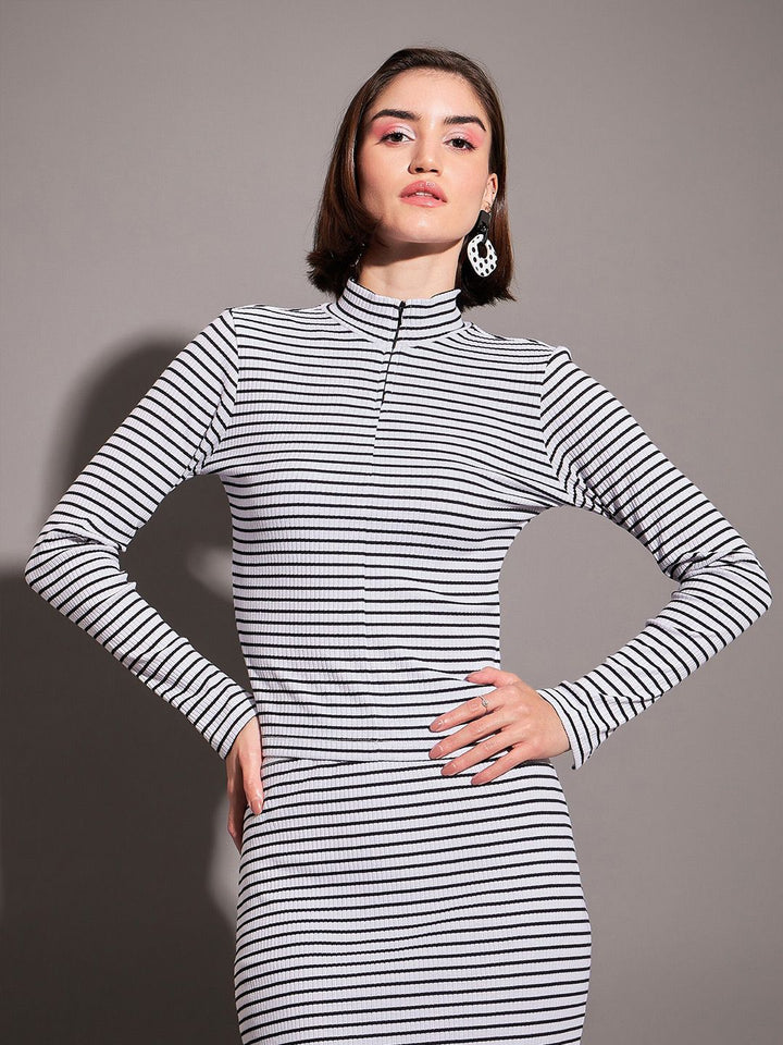 SASSAFRAS Black & White Horizontal Striped High Neck Top