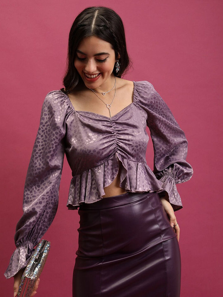 Tokyo Talkies Sweetheart Neck Bell Sleeve Ruched Ruffled Top
