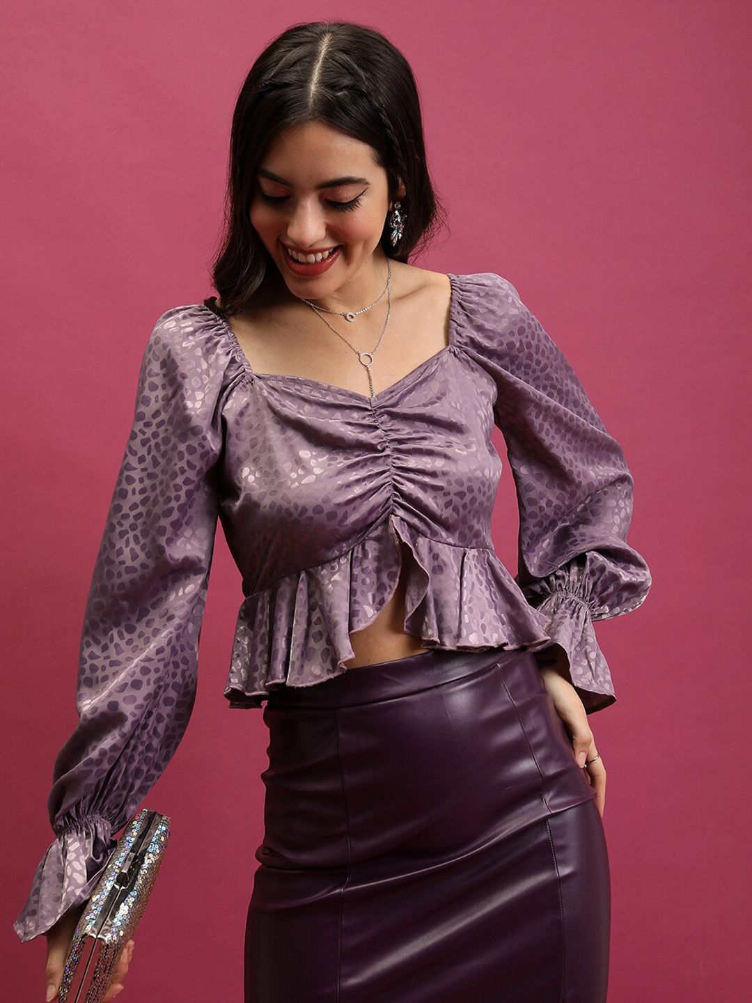 Tokyo Talkies Sweetheart Neck Bell Sleeve Ruched Ruffled Top