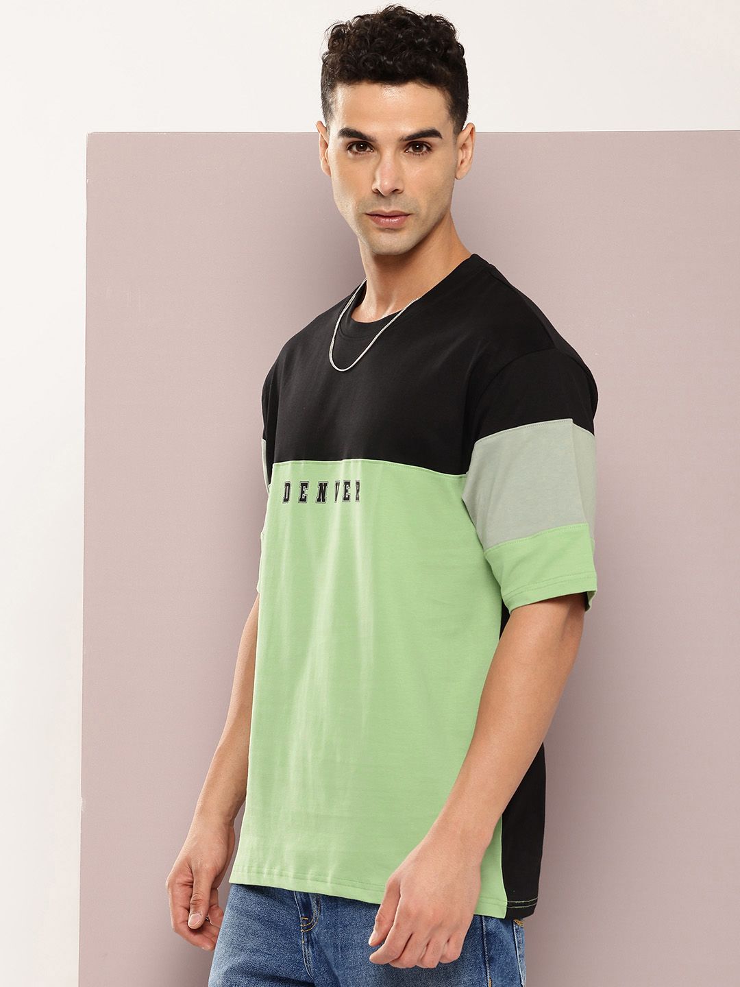 DILLINGER Men Typography Colourblocked Drop-Shoulder Sleeves Oversized Pure Cotton T-shirt