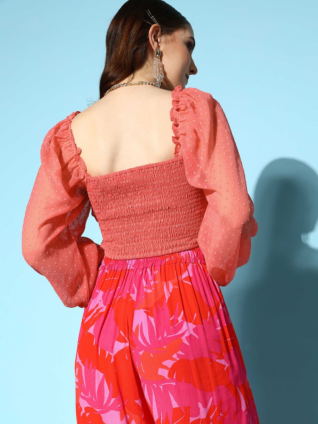 Berrylush Pink Georgette Sweetheart Neck Smocked Blouson Crop Top