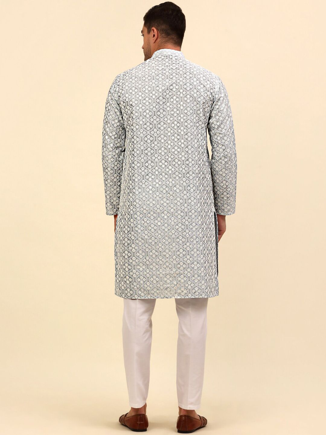 Anouk Grey Floral Embroidered Regular Chikankari Kurta with Pyjama