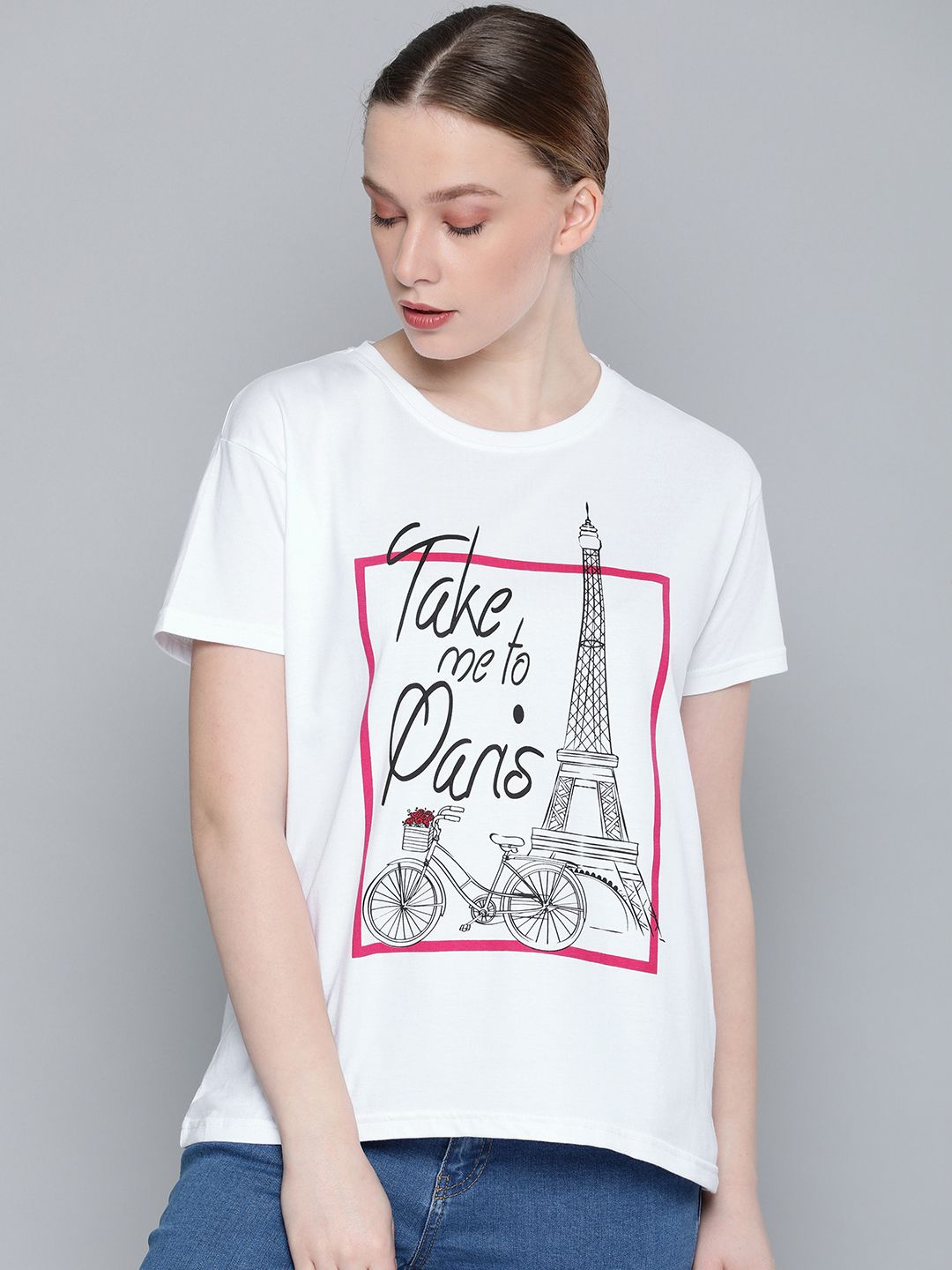 DILLINGER Women White Printed Round Neck Regular Fit Pure Cotton T-shirt