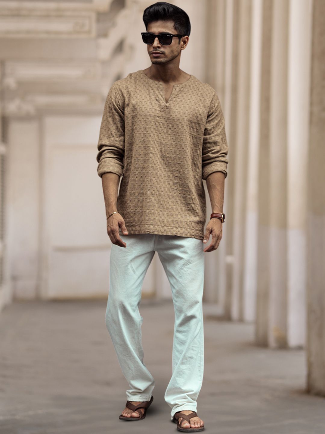 Powerlook Men Collarless Popcorn Texture Pure Cotton Casual Shirt