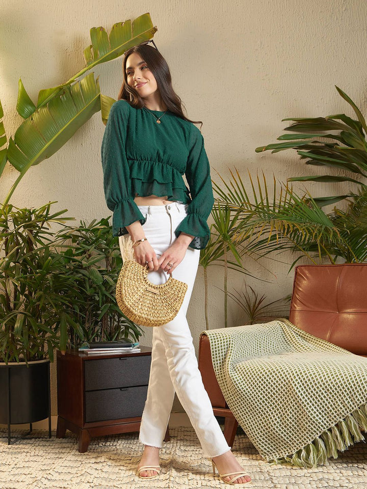 SASSAFRAS Green Self Design Bell Sleeve Peplum Top