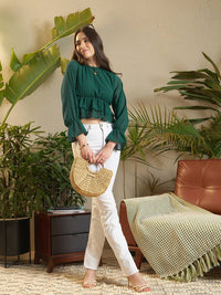 SASSAFRAS Green Self Design Bell Sleeve Peplum Top