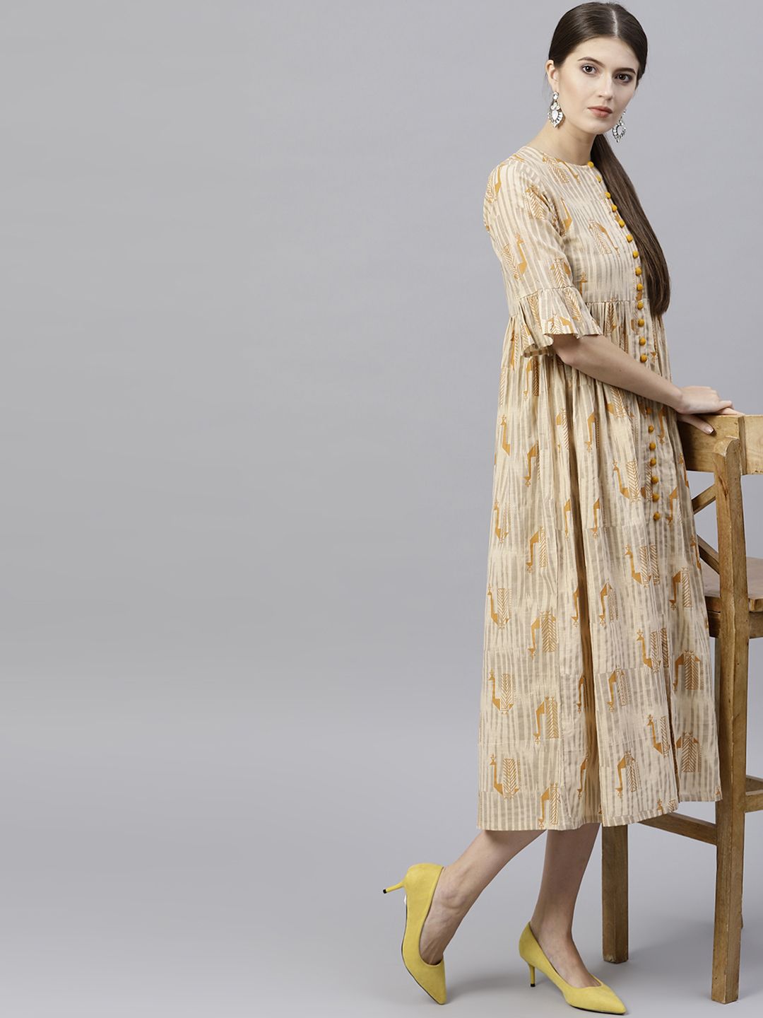 Gerua By Libas Women Beige Printed Midi Empire Dress