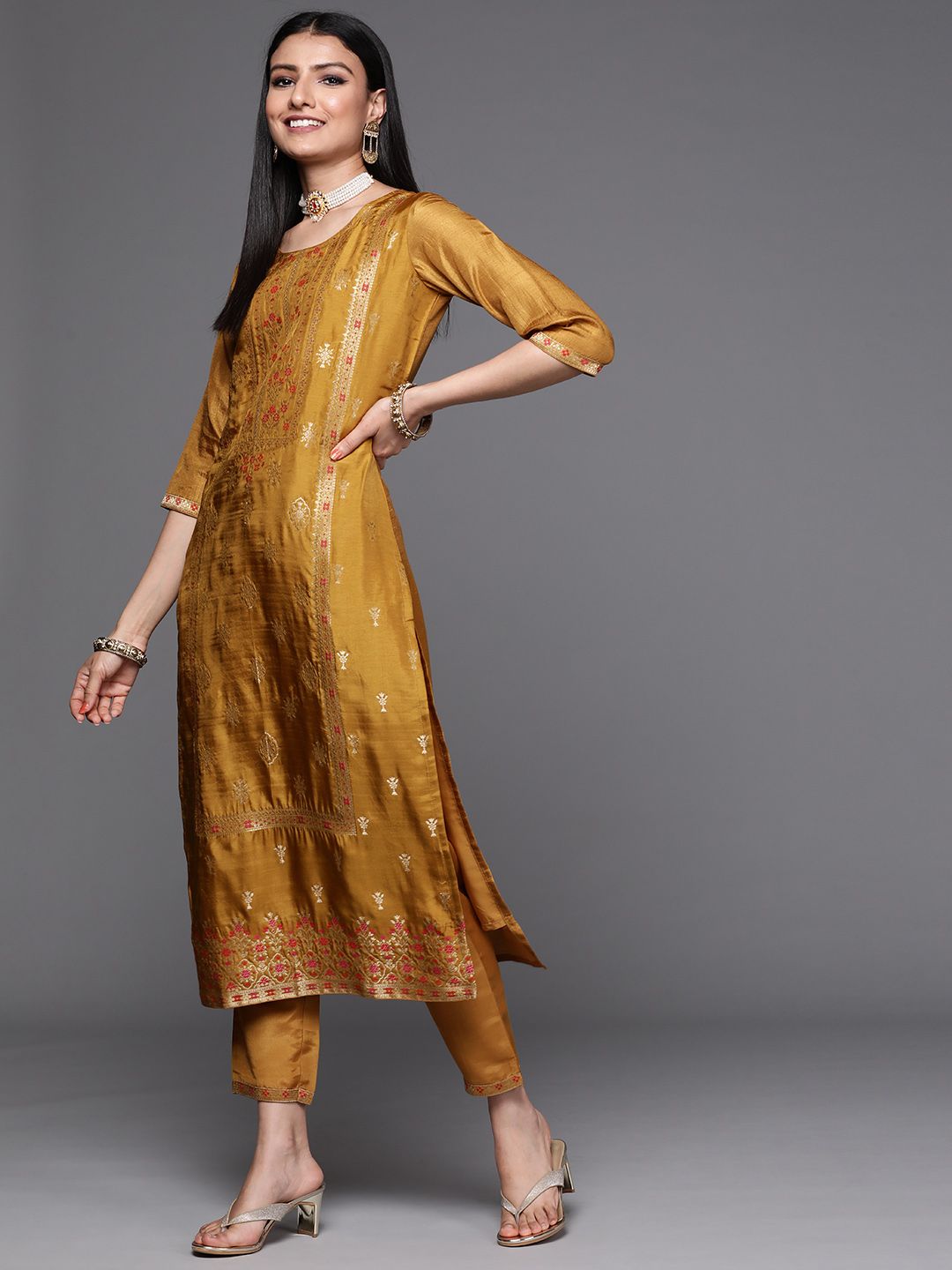 Libas Women Mustard Yellow & Gold Zari Woven Design Straight Kurta Trousers & With Dupatta