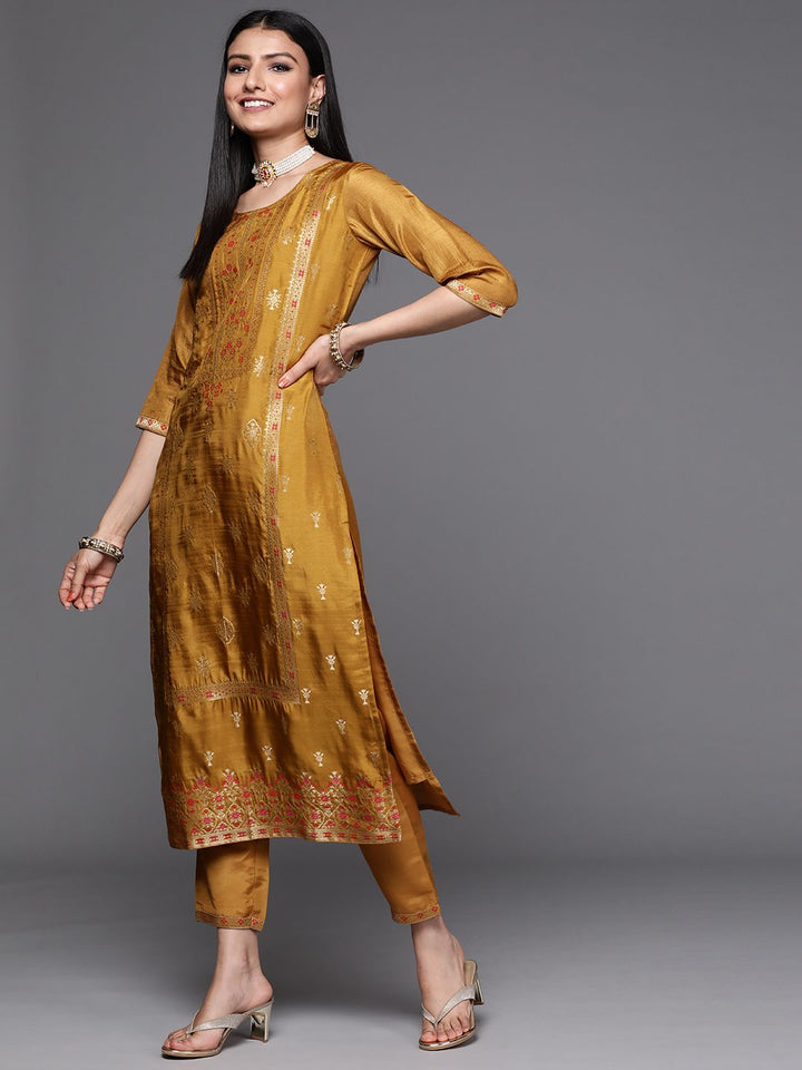 Libas Women Mustard Yellow & Gold Zari Woven Design Straight Kurta Trousers & With Dupatta