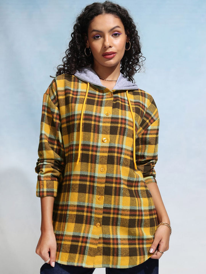 Tokyo Talkies Women Check Oversize Longline Printed Hoodie