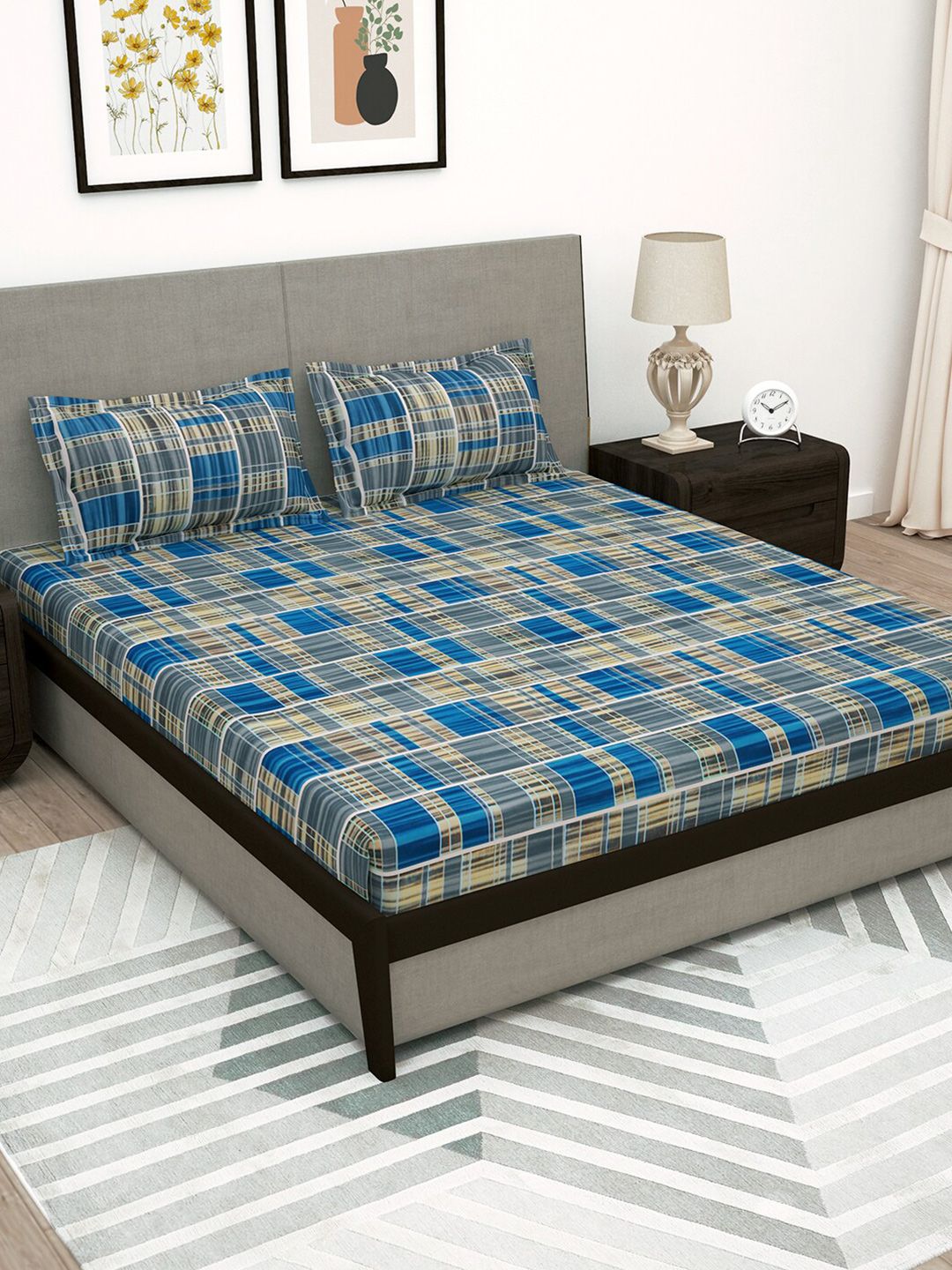 Story@home Grey & Blue Geometric 180 TC Flat Queen Bedsheet with 2 Pillow Covers