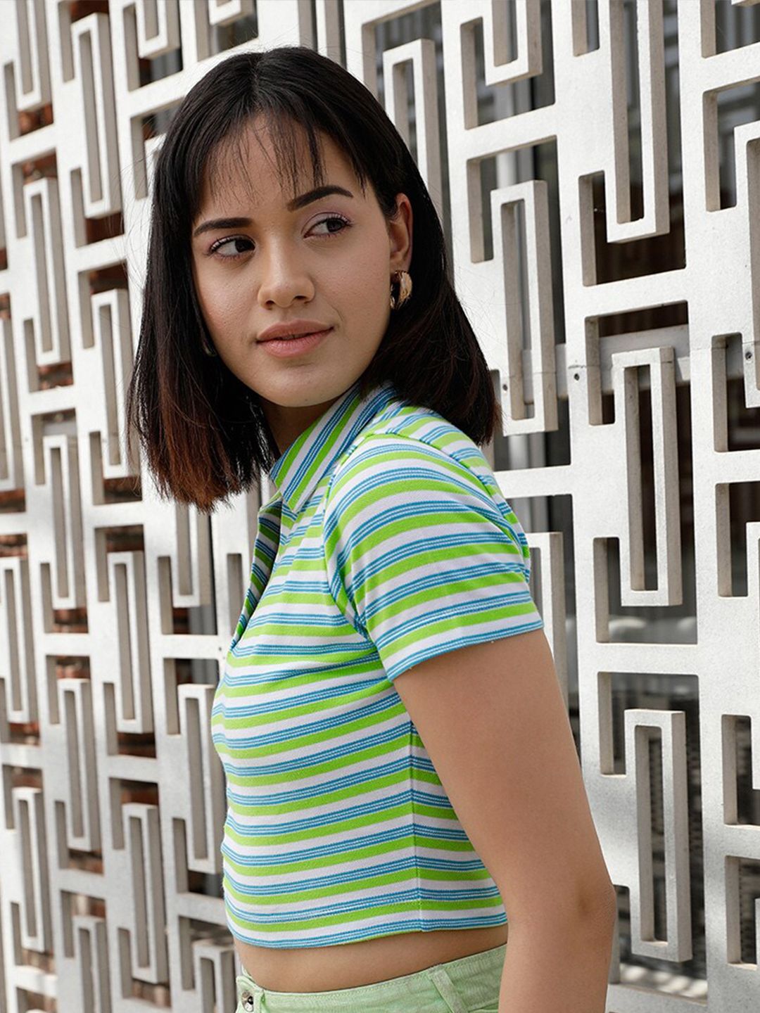 STREET 9 Green & White Striped Polo Collar Crop Pure Cotton T-shirt