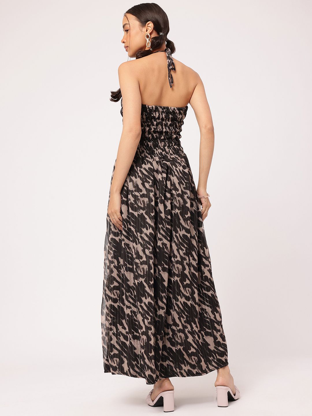 DressBerry Retro Vibes Animal Print Halter Neck Smocked Maxi Dress