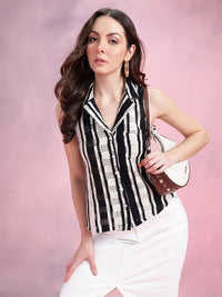 DressBerry Vertically Self-Striped Cuban Collar Semi Sheer Casual Shirt