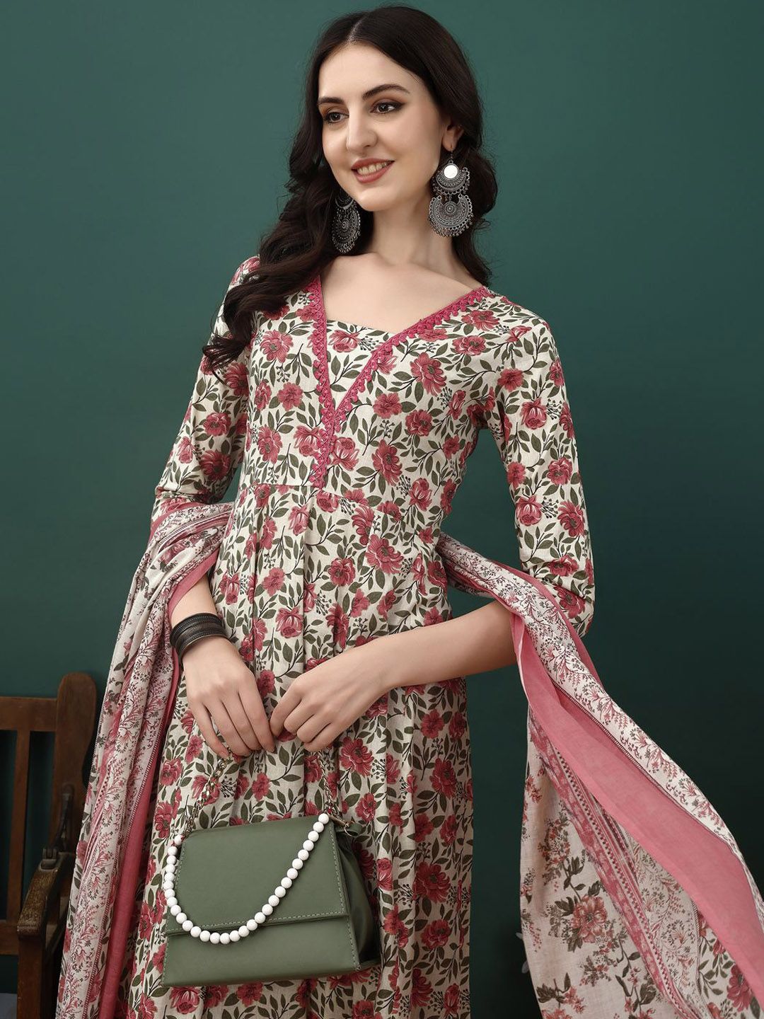 KALINI Floral Printed Pure Cotton Anarkali Kurta With Trousers & Dupatta