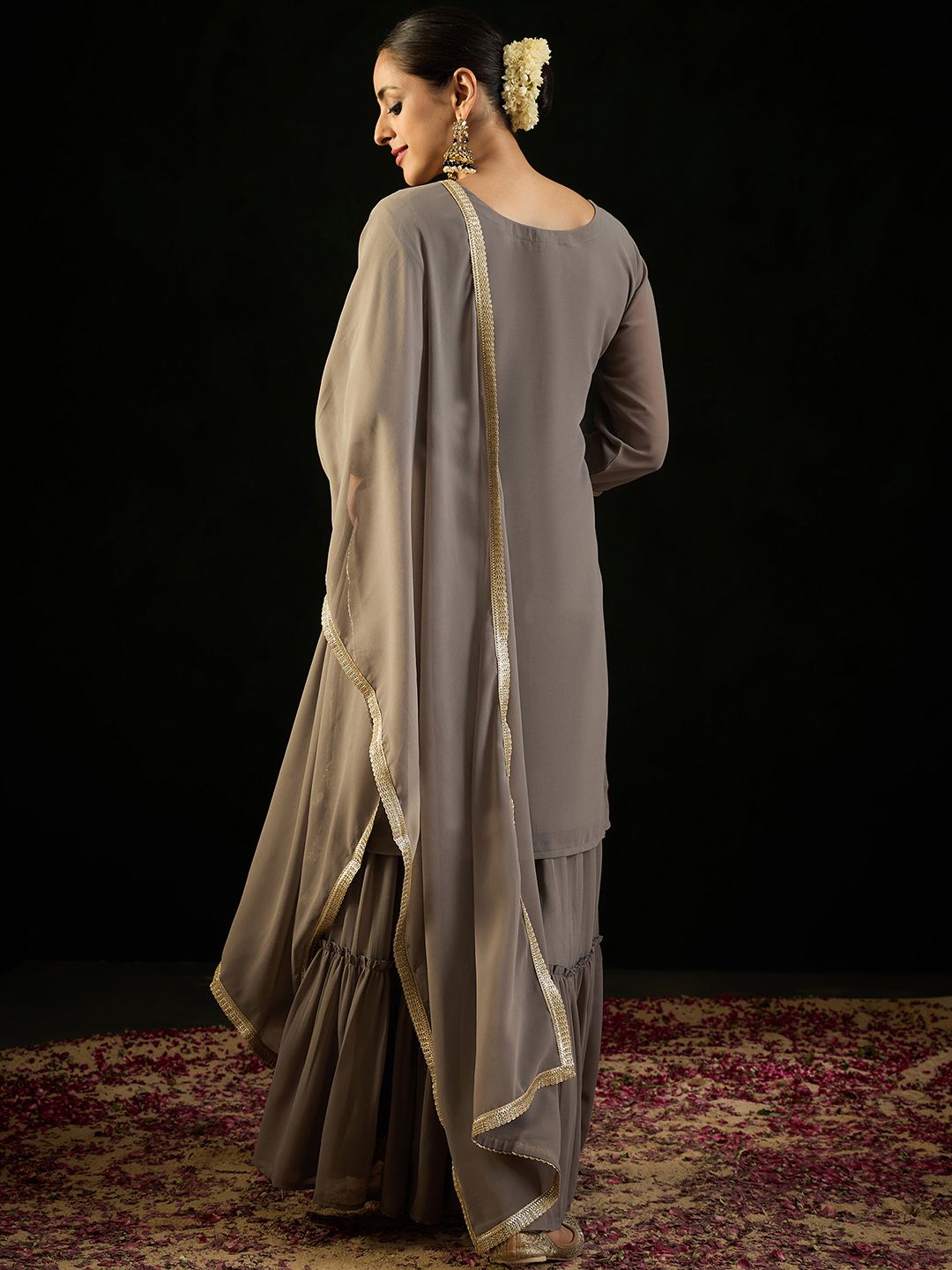 Indo Era V Neck Floral Embroidered Thread Work Kurta with Sharara & Dupatta