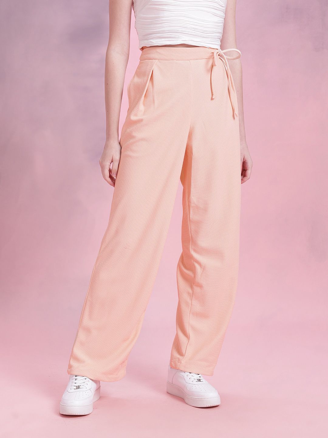 DressBerry Women Regular Fit Textured Tie-Up Waist Trousers