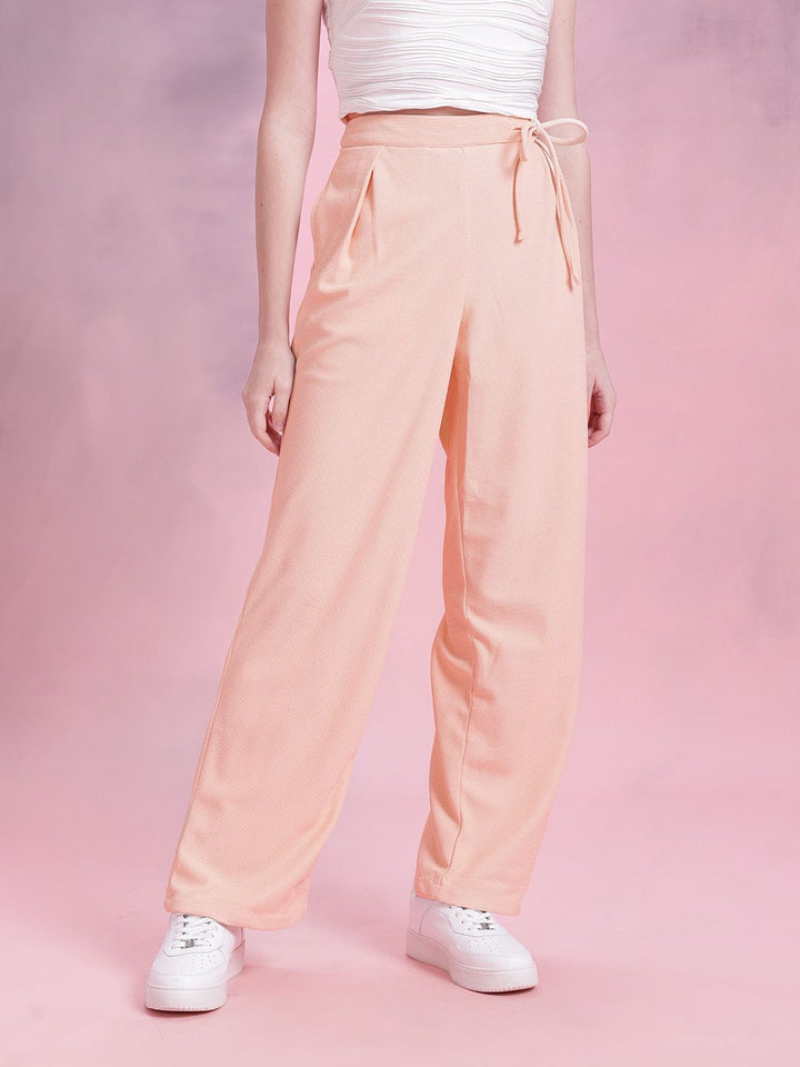 DressBerry Women Regular Fit Textured Tie-Up Waist Trousers