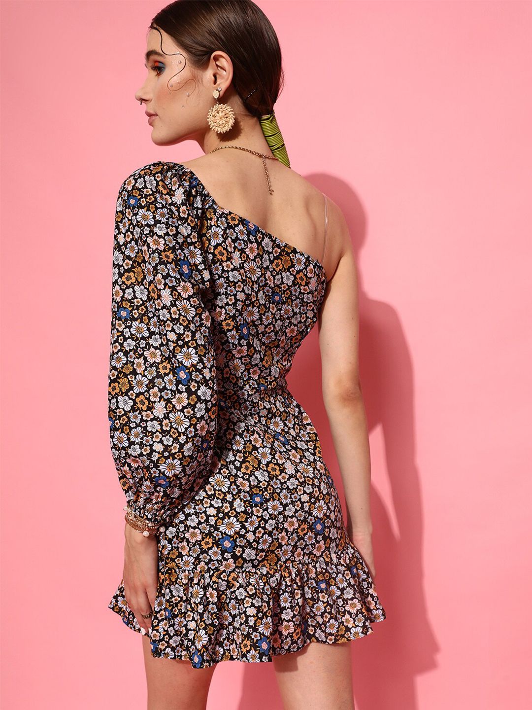 STREET 9 Women Black Floral Print One Shoulder Crepe Blouson Dress
