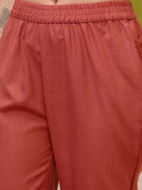 Vishudh Coral Round Neck Embroidery Straight Kurta & Palazzos With Dupatta
