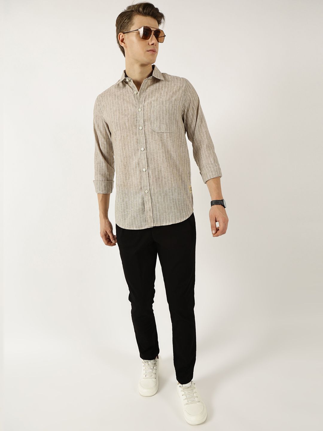 Thomas Scott Men Classic Slim Fit Opaque Striped Casual Shirt