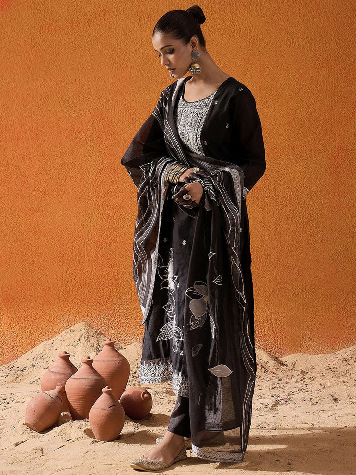 Indo Era Floral Woven Design Thread Work Straight Kurta With Trousers & Dupatta