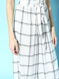 Berrylush Women Classic White Checked Graduated Flare Trousers