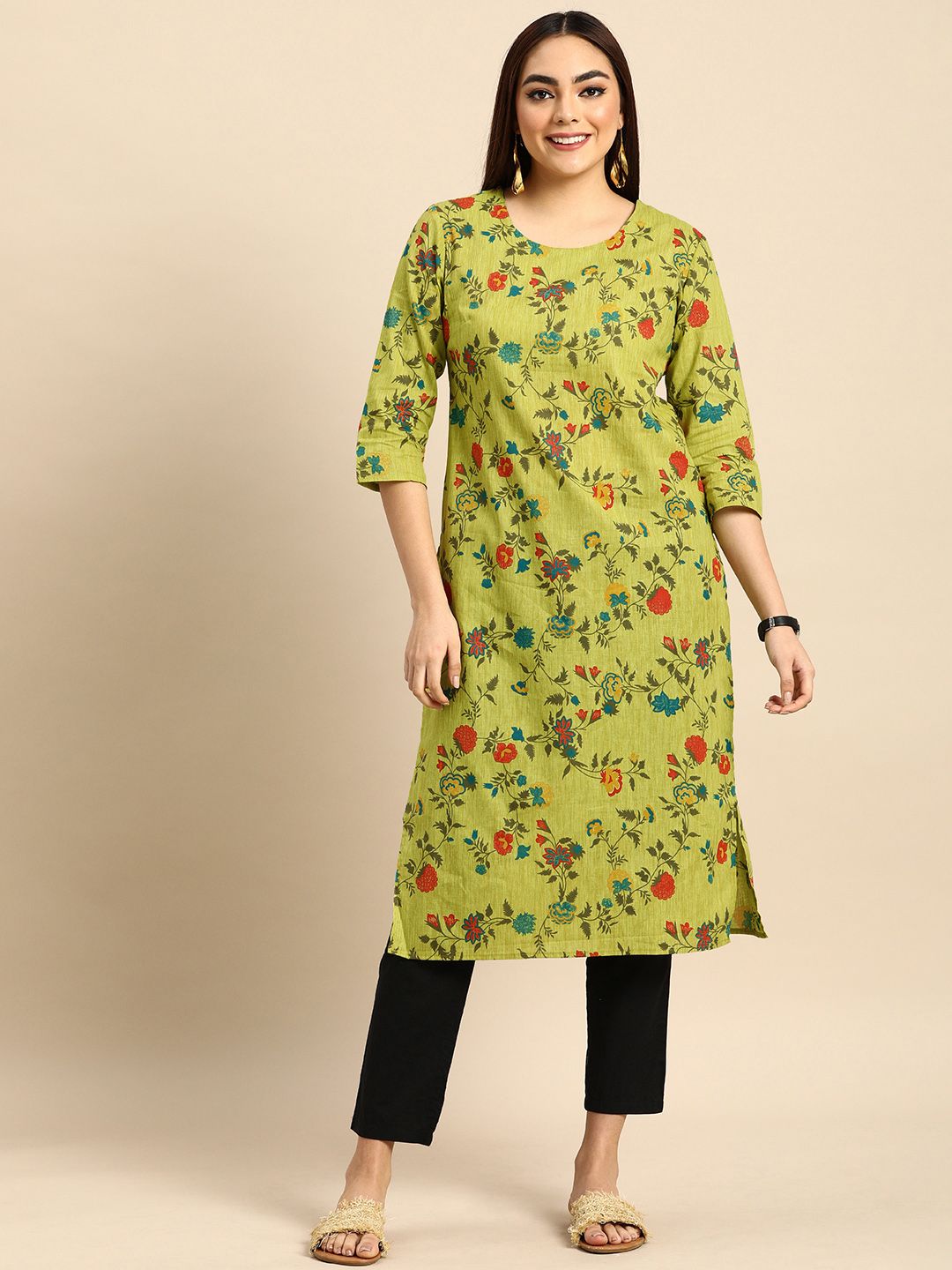 Anouk Women Green & Red Floral Printed Pure Cotton Kurta