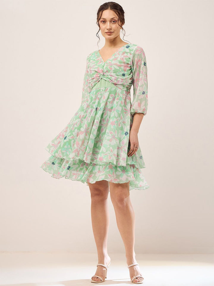 Antheaa Green Floral Printed Puff Sleeves Gathered Smocked Fit & Flare Dress