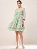 Antheaa Green Floral Printed Puff Sleeves Gathered Smocked Fit & Flare Dress