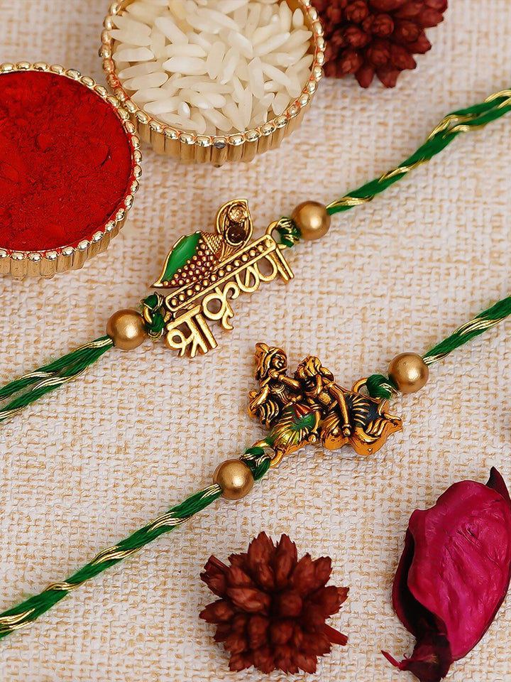eCraftIndia Green & Gold-Toned Lord Krishna Pack of 2 Rakhis and Roli Chawal
