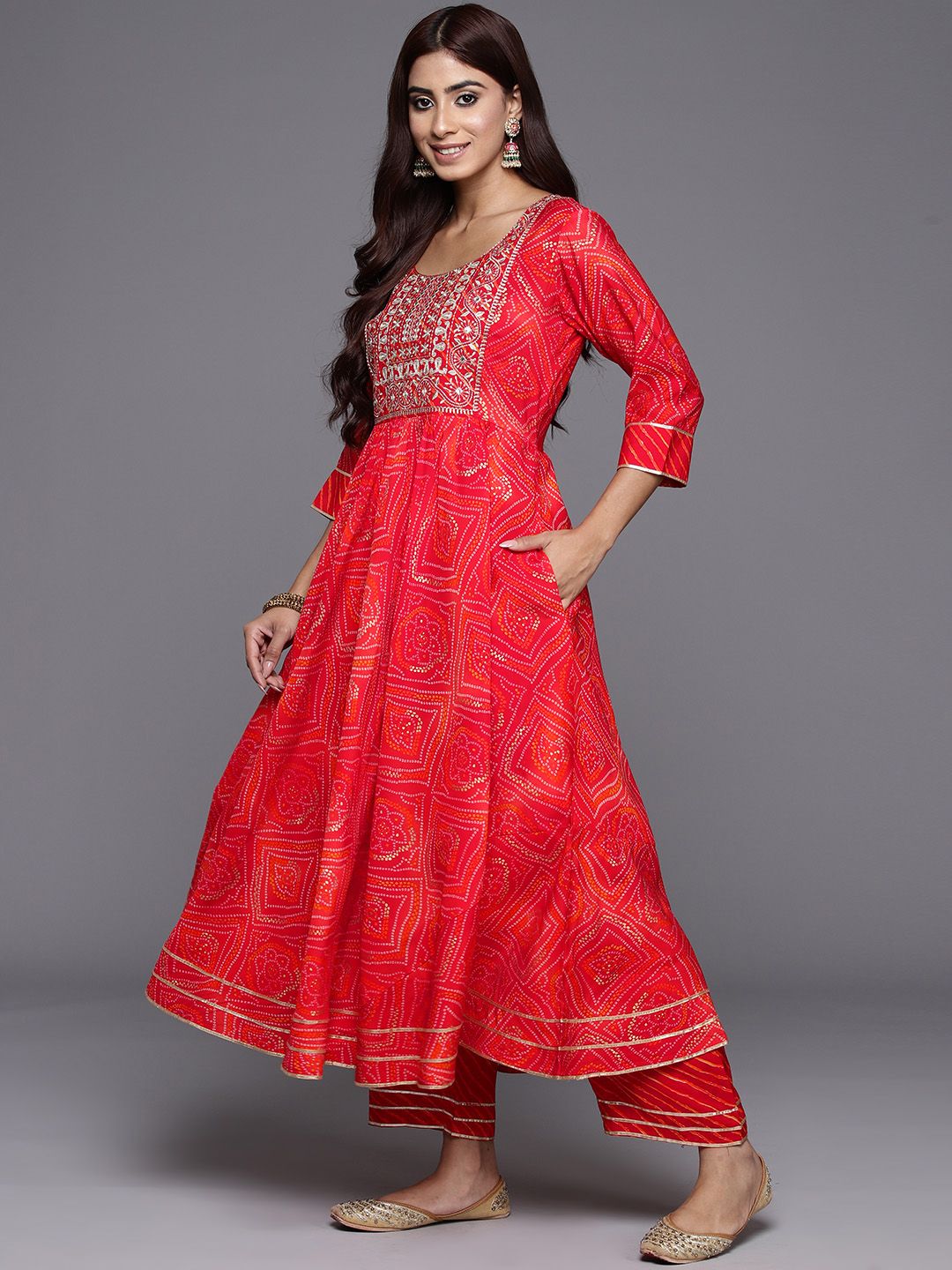 Libas Bandhani Printed Pleated Mirror Work Kurta with Trousers & Dupatta