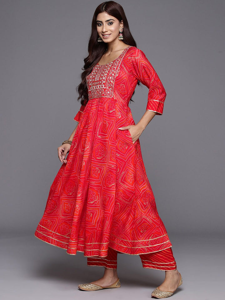 Libas Bandhani Printed Pleated Mirror Work Kurta with Trousers & Dupatta