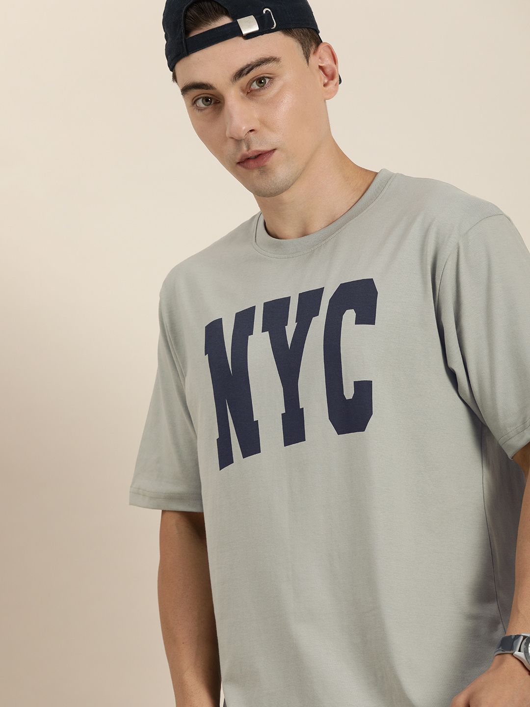 DILLINGER Men Grey & Navy Blue Typography Print Pure Cotton Loose T-shirt