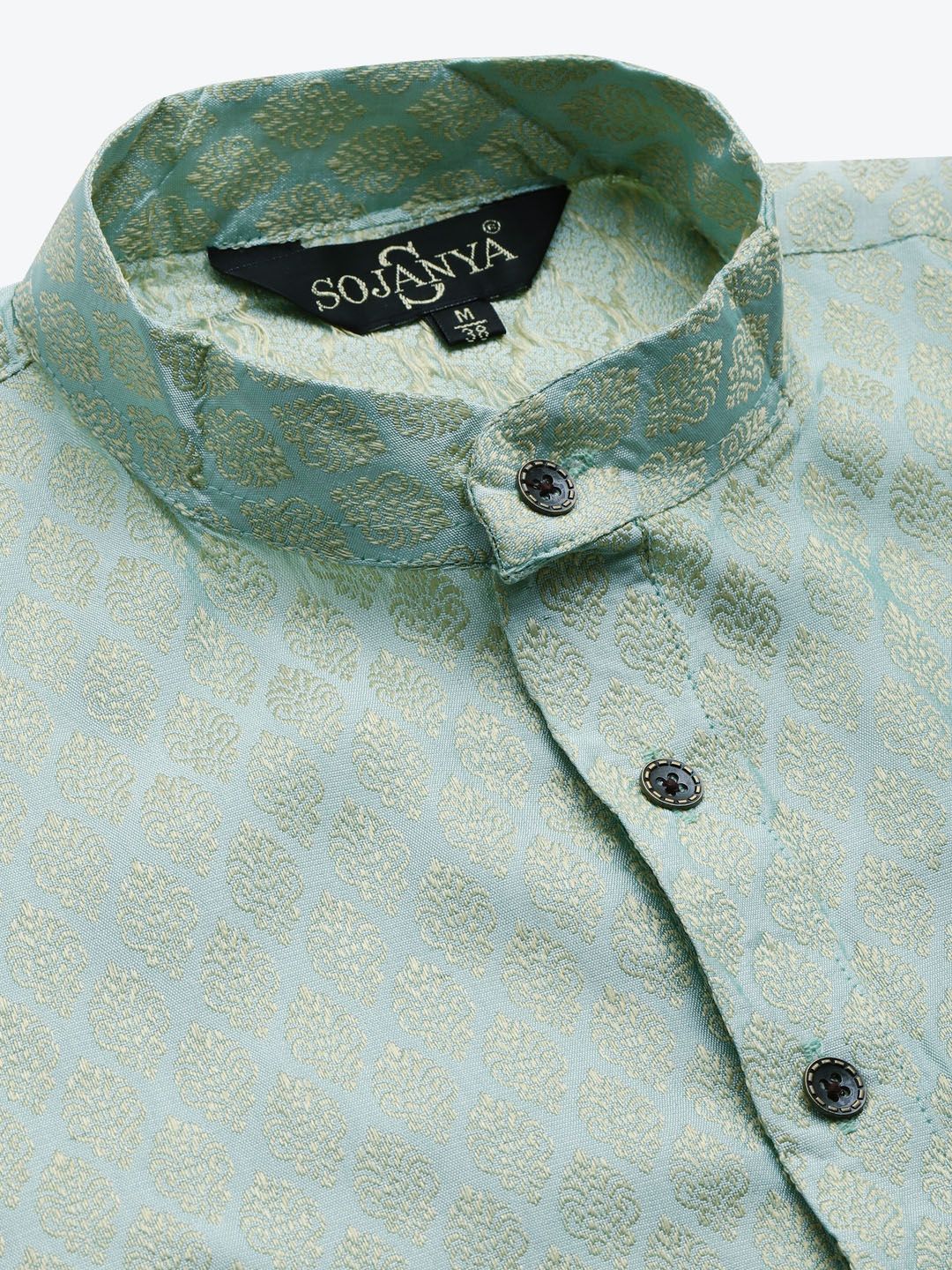 SOJANYA Kurta Motif Etnik Hijau & Coklat Sawi Lelaki dengan Jaket Churidar & Nehru