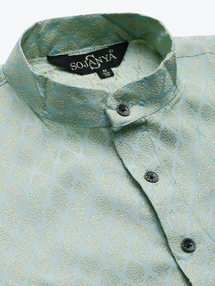 SOJANYA Men Green & Mustard Brown Ethnic Motifs Kurta with Churidar & Nehru Jacket