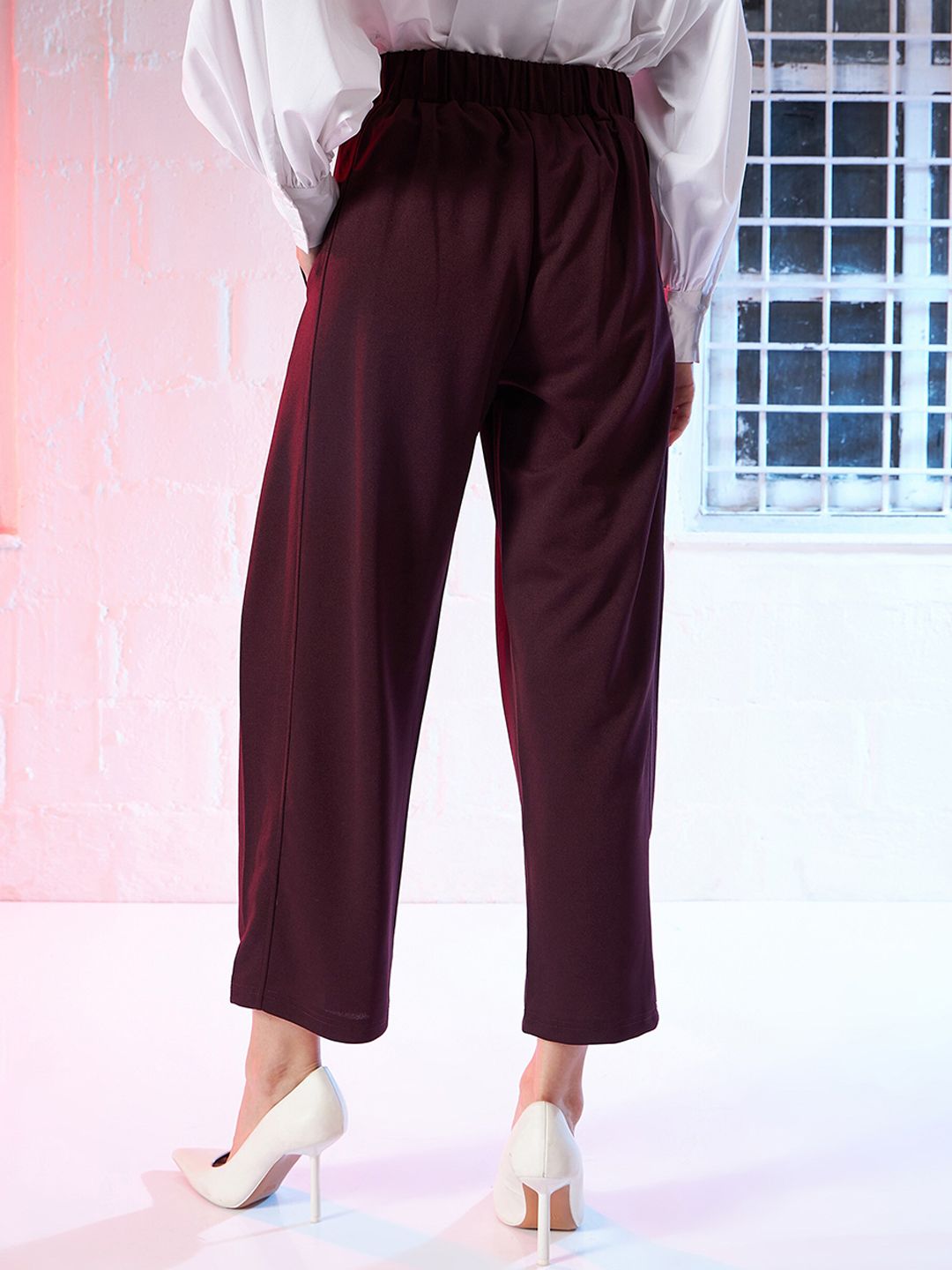 SASSAFRAS Women Burgundy Mid-Rise Pleated Culottes Trousers