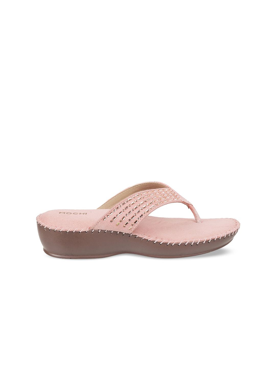Mochi Women Pink Embellished T-Strap Flats