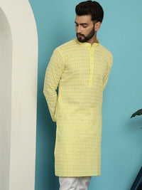 SOJANYA Striped Embroidered Thread Work Mandarin Collar Pure Cotton Straight Kurta