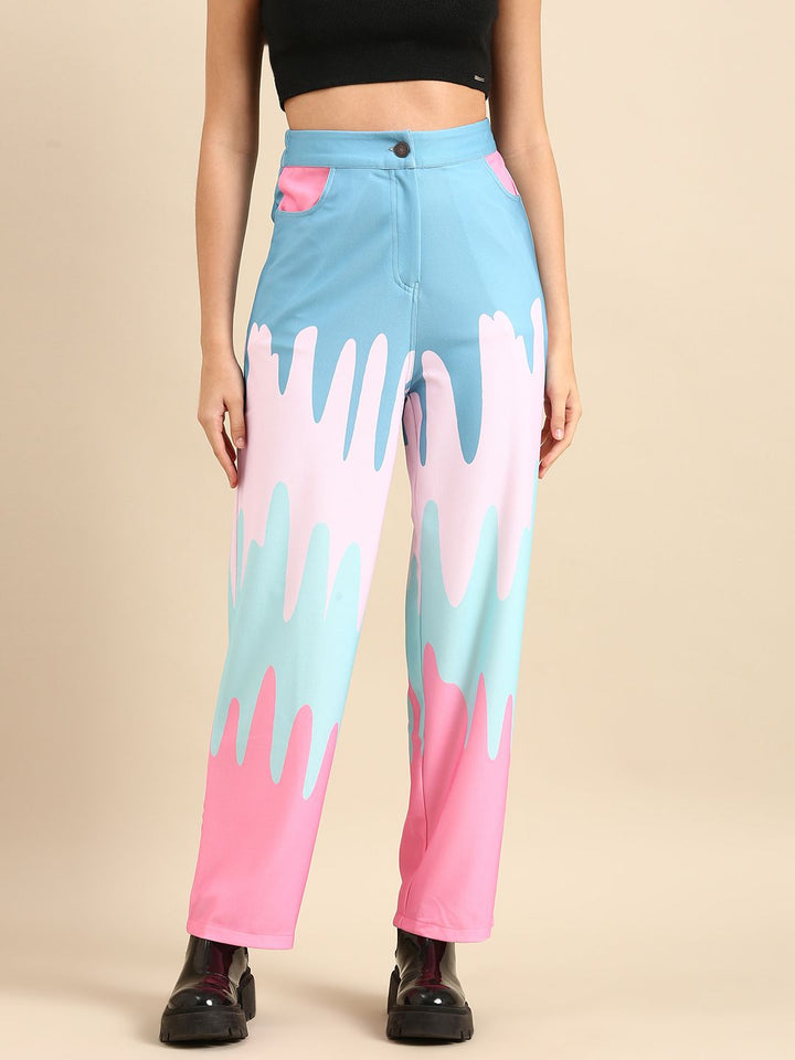 Athena Women Blue Colourblocked Printed Trousers