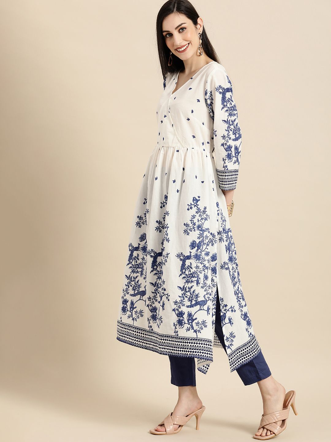 Anouk Women White Ethnic Motifs Printed Pleated Pure Cotton Kurta with Trousers