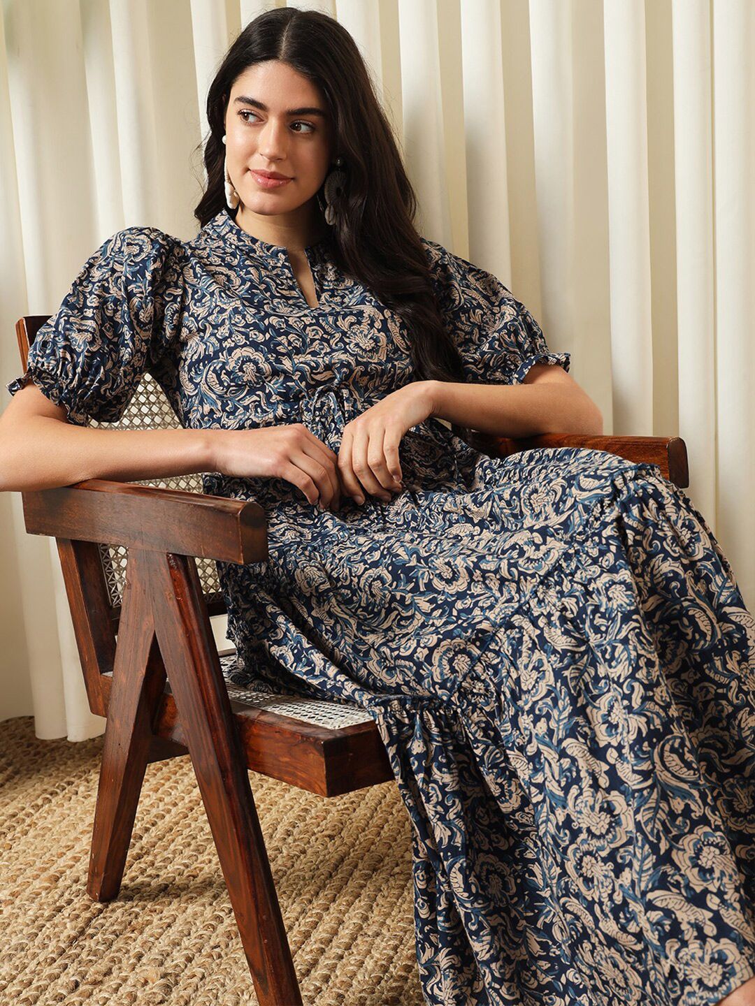 KALINI Floral Printed Mandarin Collar Puff Sleeves Cotton Fit and Flare Dress